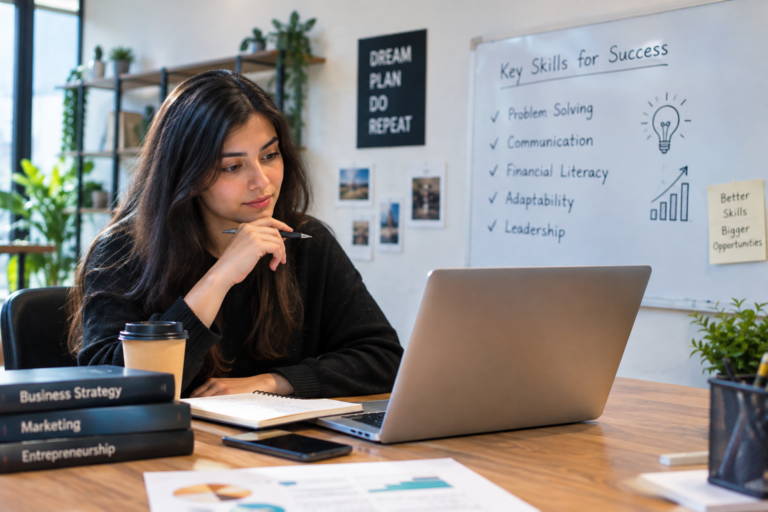 Young entrepreneur developing business skills while working on a laptop in a modern office