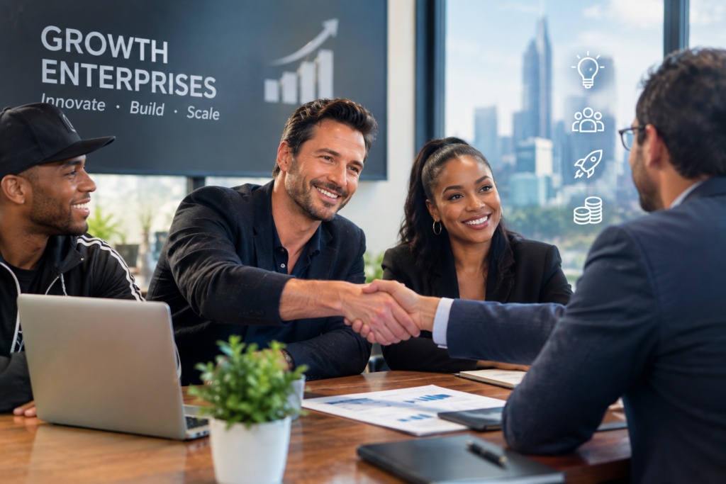 Business team discussing the growth enterprises market investment opportunities and high-growth companies in a modern office.
