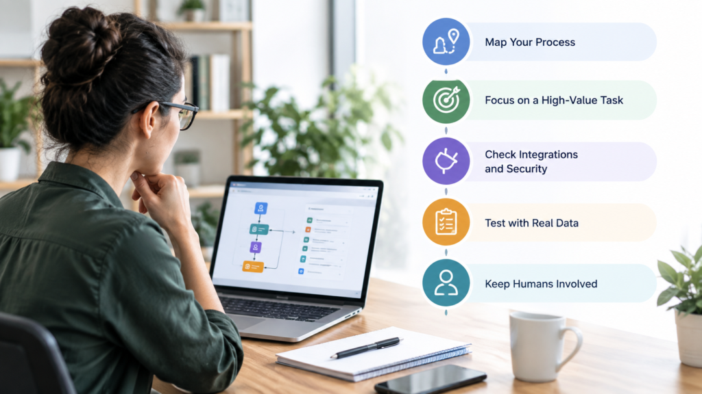 Droven.io AI Automation Tools selection guide showing a business professional reviewing an automation workflow on a laptop.