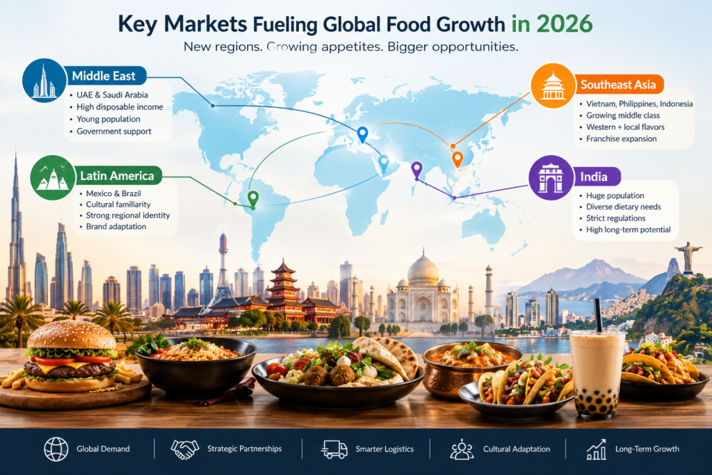 Key global food markets driving food industry international expansion in 2026 across the Middle East Asia India and Latin America.
