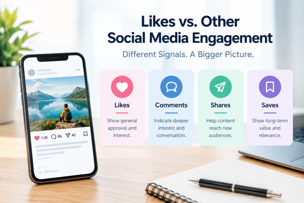 Infographic comparing likes comments shares and saves as different social media engagement signals.