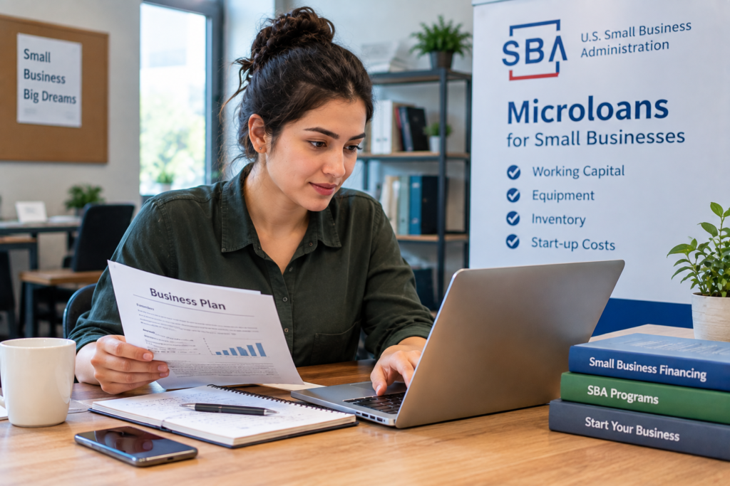 Young entrepreneur reviewing an SBA microloan business plan and startup funding options