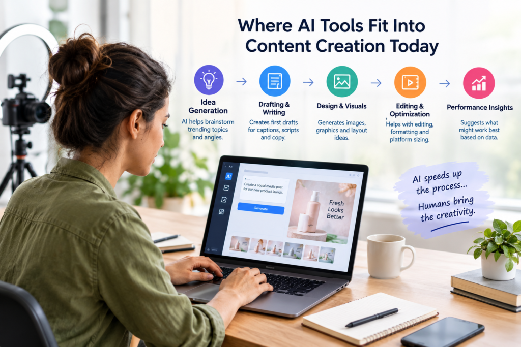 AI tools supporting content creation through idea generation writing visual design editing optimization and performance insights.
