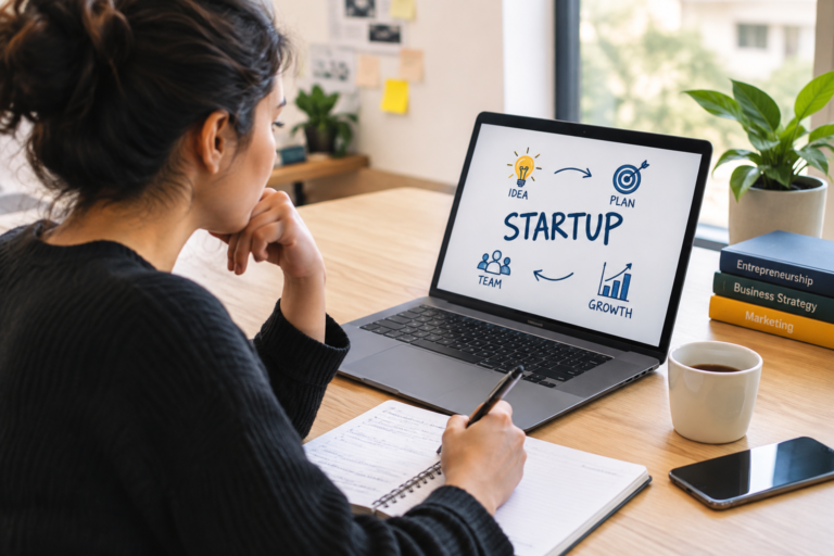 Young entrepreneur working on a startup plan with a laptop and notebook at a modern workspace