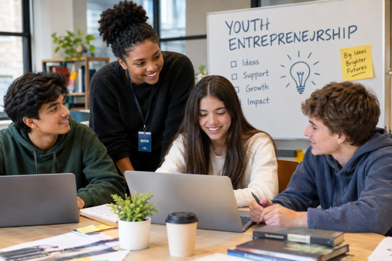 Young entrepreneurs working with a mentor in a collaborative workspace representing youth entrepreneurship support, business funding and mentorship.