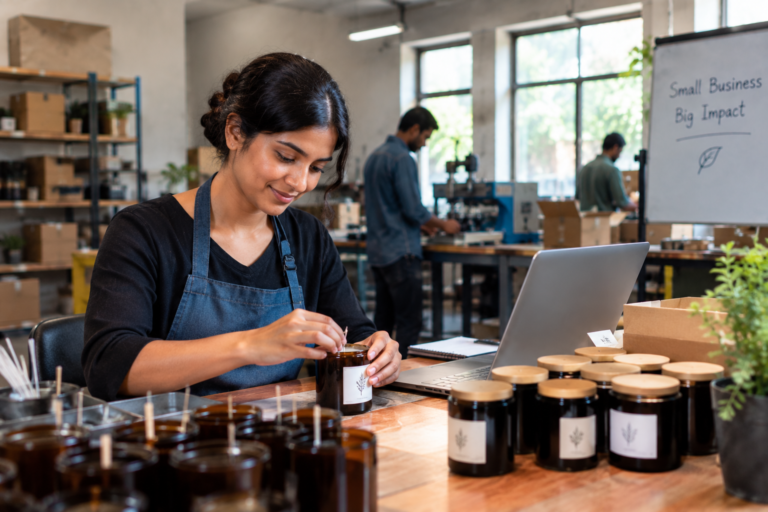 Young entrepreneur working in a small manufacturing workshop while preparing products for sale