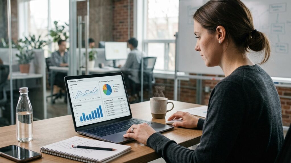 Ecommerce SEO services professional analyzing website traffic sales and product performance data on a laptop in a modern office.