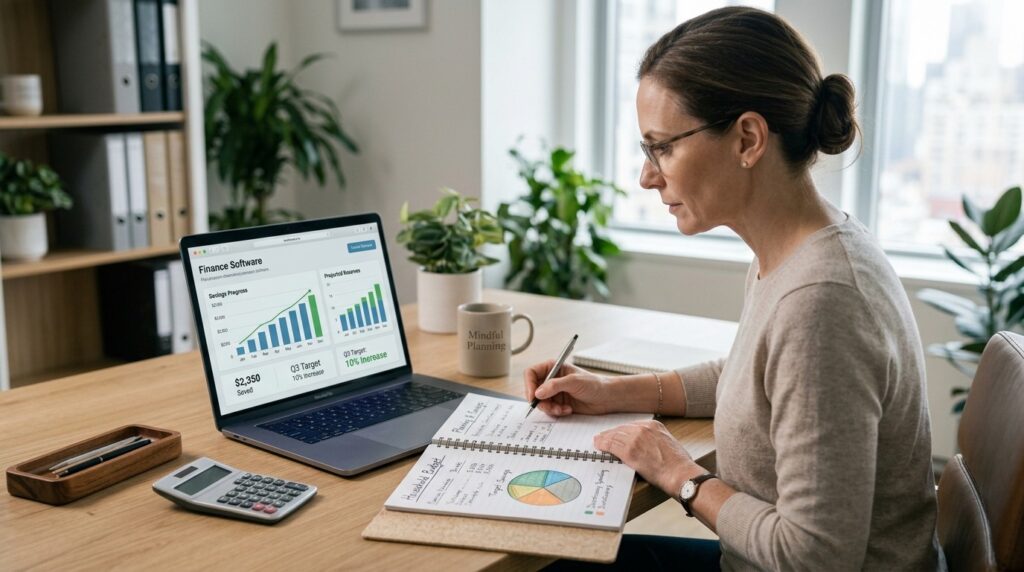 Financial contingency fund planning with a woman reviewing financial charts savings goals and a budget on a laptop.