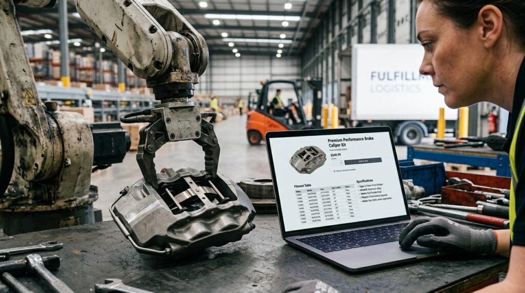 Automotive Product Description Template Ecommerce featuring an automotive brake caliper industrial robotic equipment and an ecommerce product listing displayed on a laptop in a warehouse workshop.