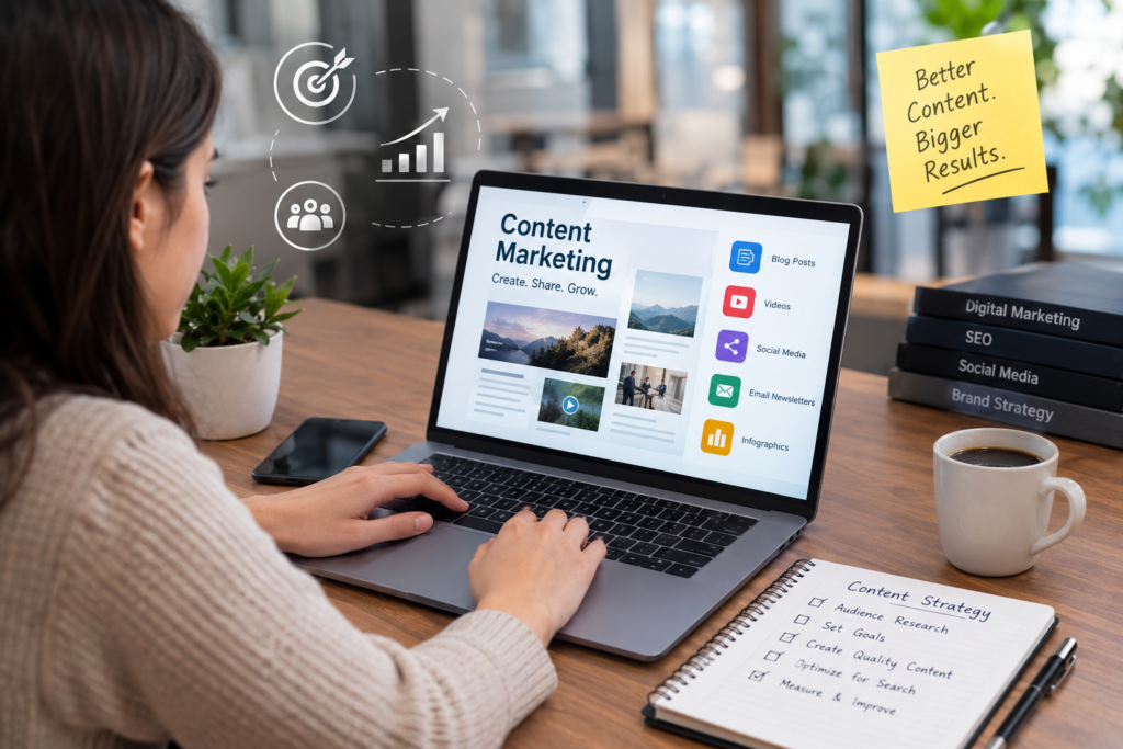 Content marketing strategist working on a laptop with a content strategy plan digital content formats and marketing analytics
