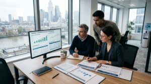 European fund administration team reviewing fund reports financial data and investment performance in a modern London office.