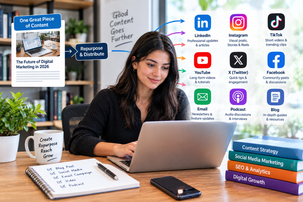 Content marketing strategies repurposing one piece of content across social media email video podcast blog and other channels