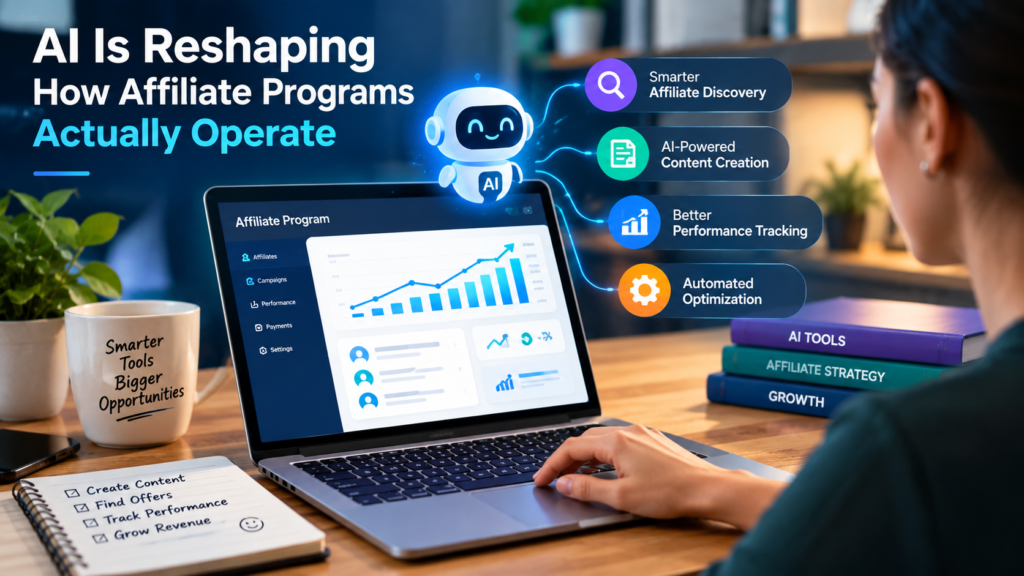 AI-powered affiliate marketing workspace with a laptop displaying performance charts an AI robot and icons representing content creation affiliate discovery and automated optimization.