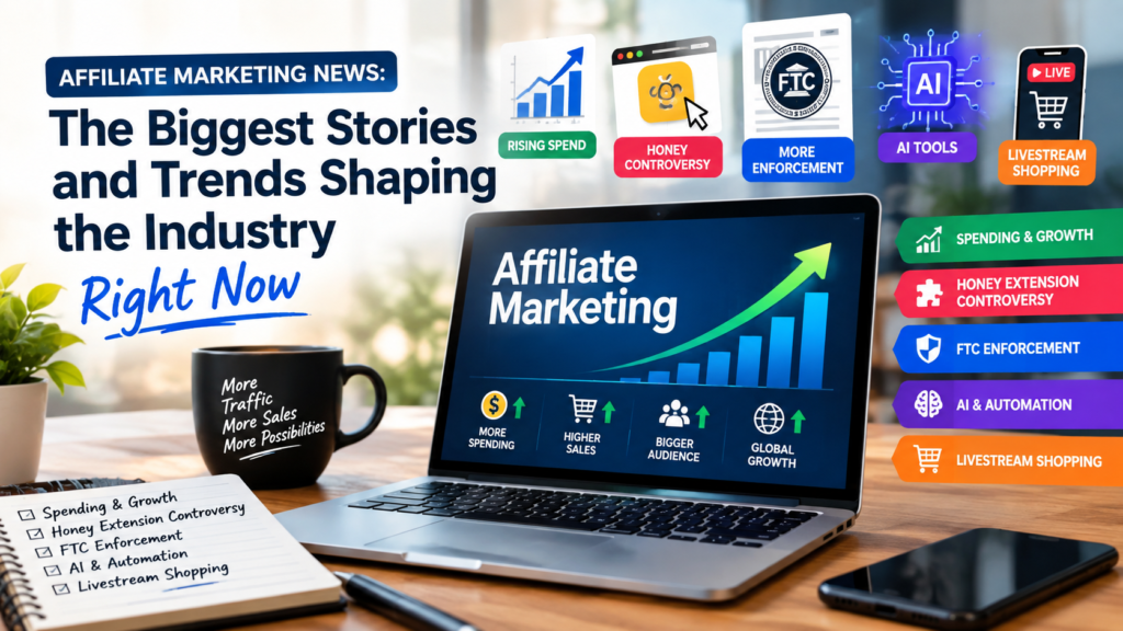 Modern affiliate marketing news graphic featuring a laptop with rising sales charts AI technology FTC enforcement and livestream shopping icons highlighting major industry trends in 2026.