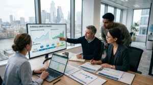 WorkBoard Funding Rounds shown through a business team reviewing funding milestones growth charts and financial strategy.