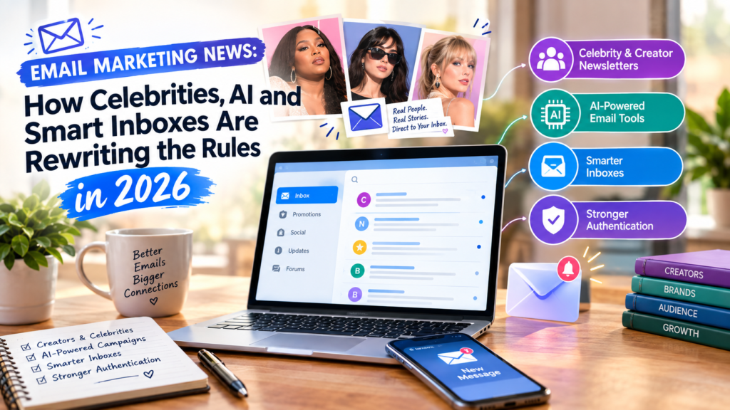 Email marketing news graphic featuring a laptop with an inbox dashboard AI technology celebrity newsletters and smart inbox icons representing email marketing trends in 2026.