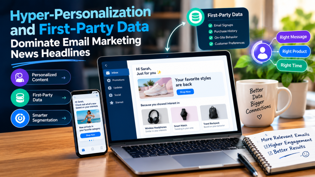 Email marketing personalization graphic showing a laptop and smartphone with targeted email recommendations first-party customer data and smarter audience segmentation.