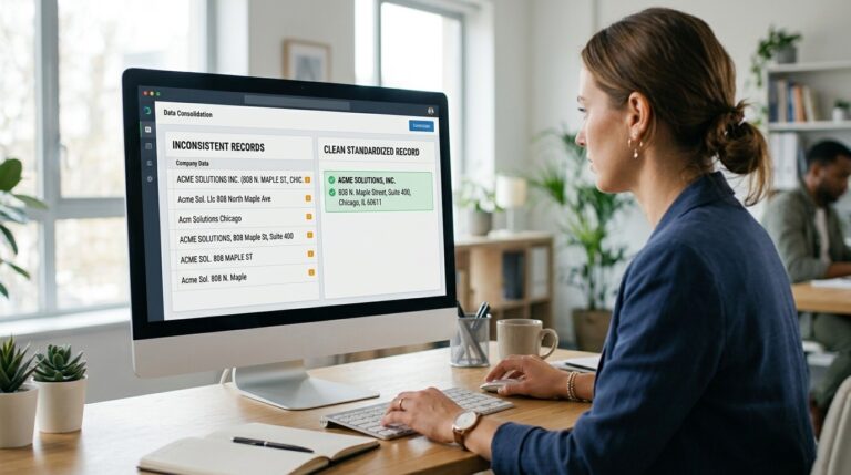A professional working at a desktop computer reviewing inconsistent company records and a clean standardized record illustrating BrandRank.ai Normalization Transformation Rules for accurate brand data normalization.