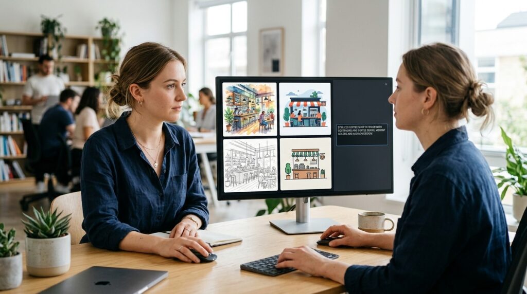 OpenDream AI Art showing two designers collaborating on AI-generated artwork displayed on a computer monitor.
