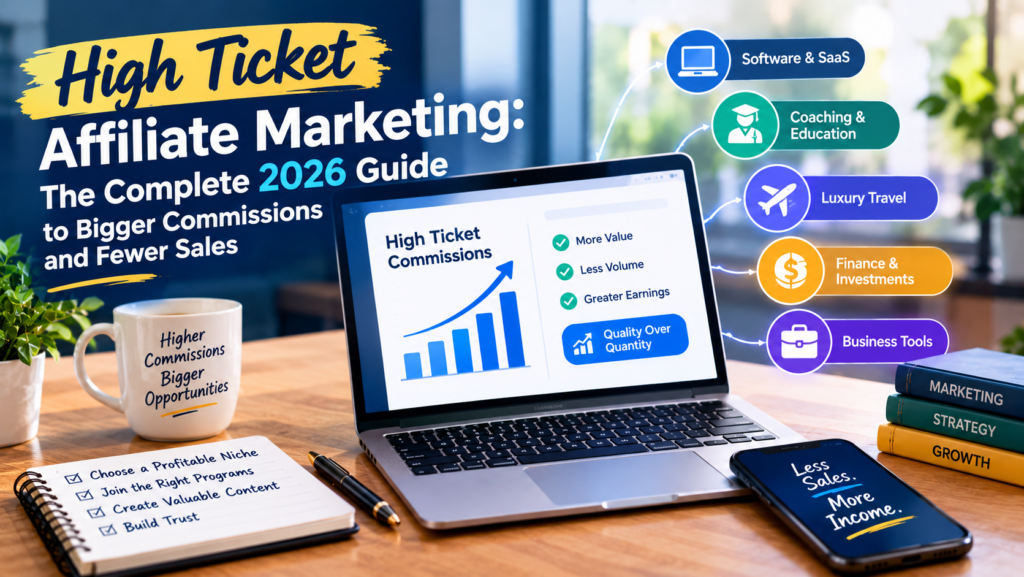 High-ticket affiliate marketing graphic showing a laptop with rising commission charts and icons for software coaching luxury travel finance and business tools.