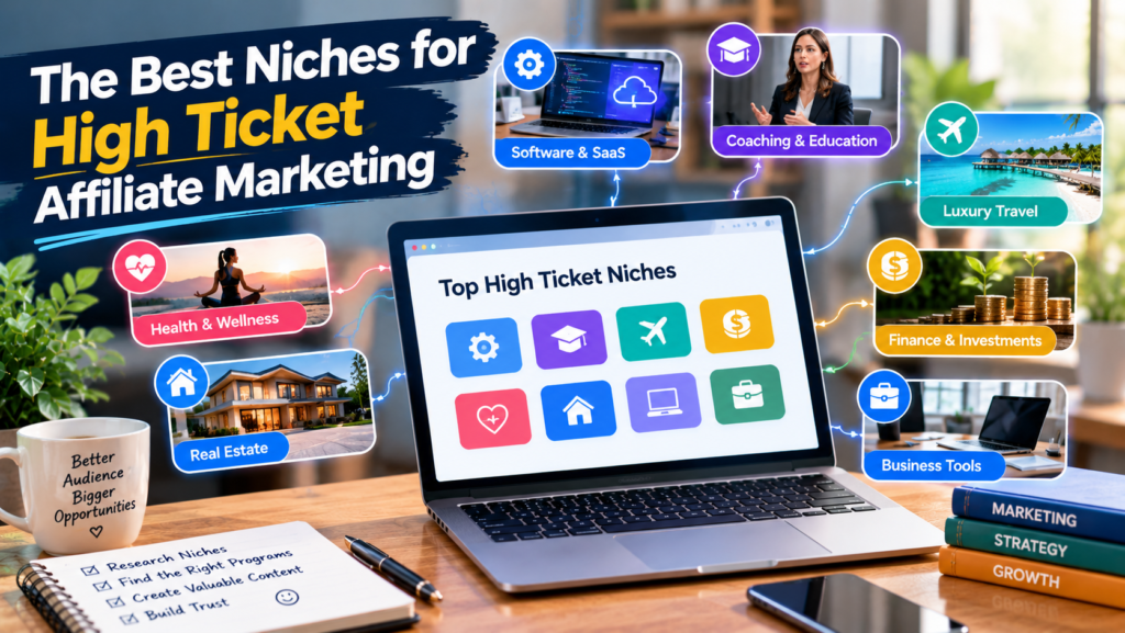 High-ticket affiliate marketing graphic showing a laptop with rising commission charts and icons for software coaching luxury travel finance and business tools.