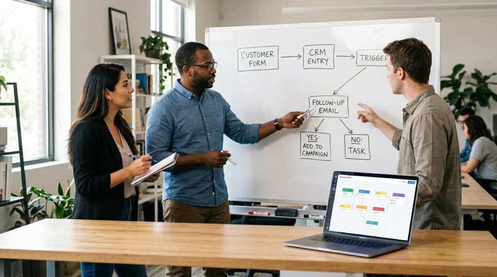 Droven.io AI Automation Tools concept showing a business team planning an automated workflow connecting customer forms CRM entries triggers follow-up emails and tasks.