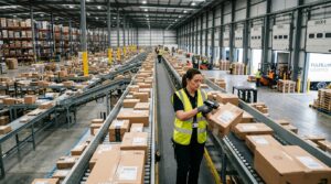 Ecommerce Logistics News: A warehouse employee scans packages on conveyor belts in a large fulfillment center.