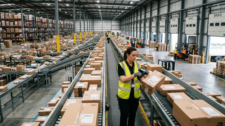 Ecommerce Logistics News: A warehouse employee scans packages on conveyor belts in a large fulfillment center.