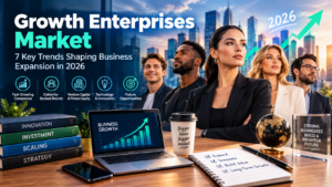 Growth enterprises market trends shaping business expansion in 2026 featuring business leaders a rising growth chart and technology and investment symbols.