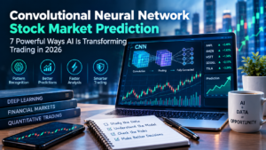 Convolutional neural network stock market prediction using AI trading charts candlestick patterns and a laptop displaying neural network analysis.
