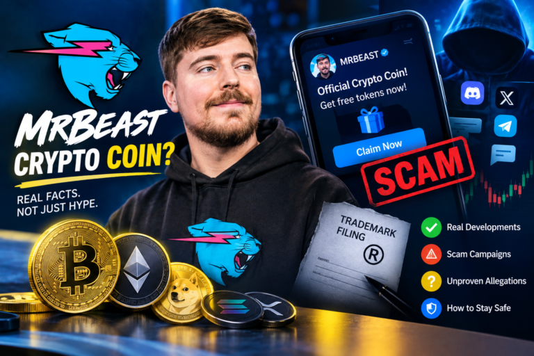 MrBeast crypto coin concept showing cryptocurrency a fake giveaway scam warning and crypto trading visuals