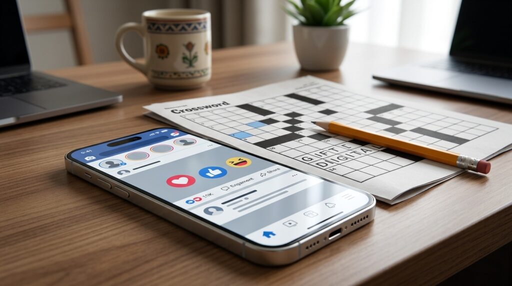 Social Media Currency NYT crossword clue concept with a smartphone showing social media likes and a crossword puzzle on a desk