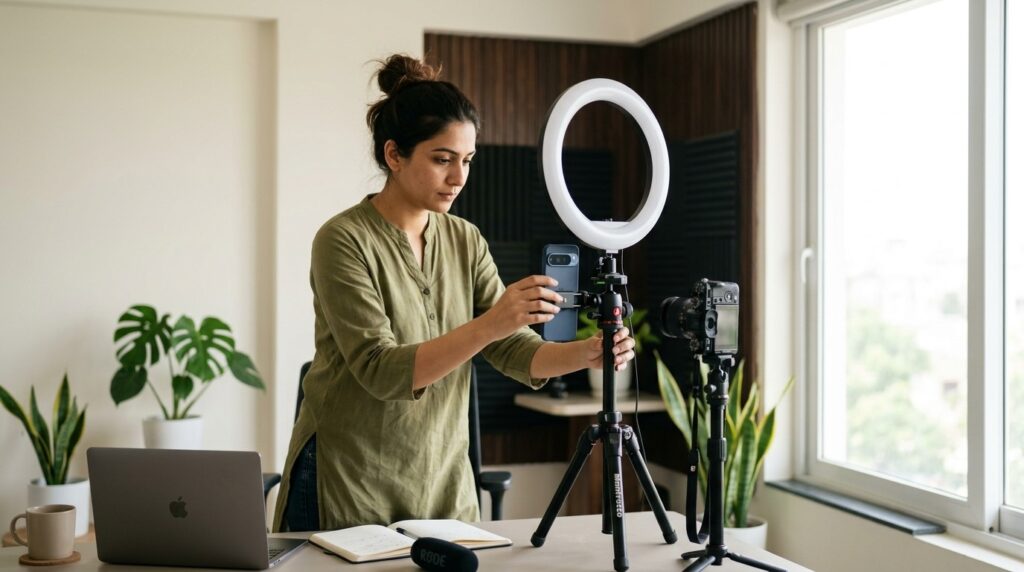 Social Media Content Creation Services setup with a creator filming content using a smartphone camera and ring light.