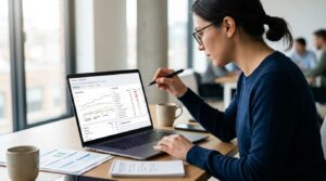 Ecommerce SEO Audit: SEO specialist analyzing website performance and search rankings on a laptop