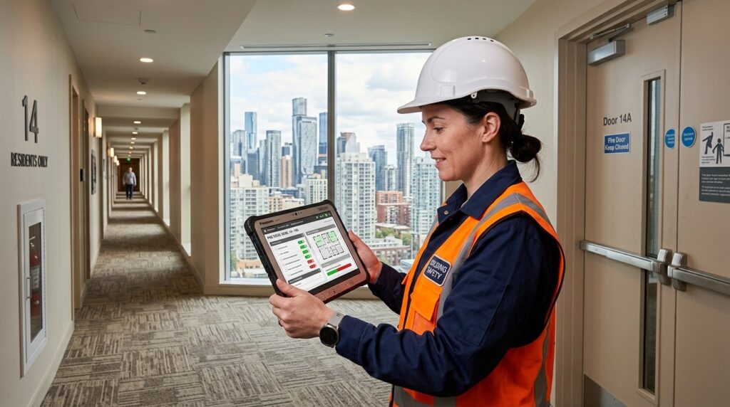 Golden Thread AI technology being used by a safety professional in a modern building