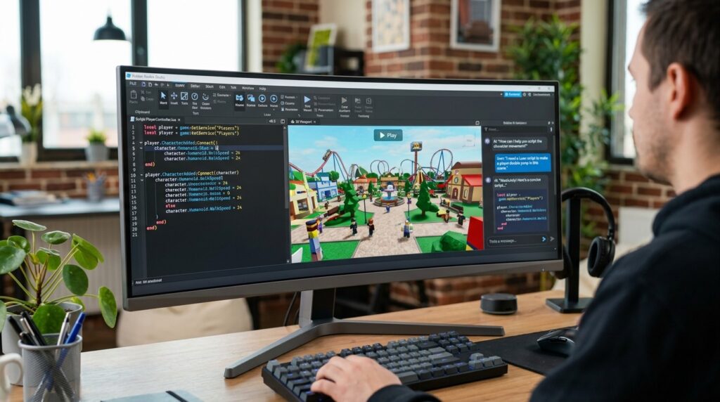 Best Roblox AI Scripter working on Roblox game development with AI-assisted scripting tools on a computer.