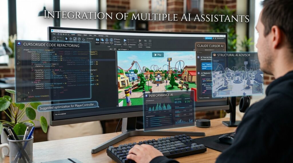 Multiple AI assistants helping with Roblox game scripting code refactoring performance analysis and development.