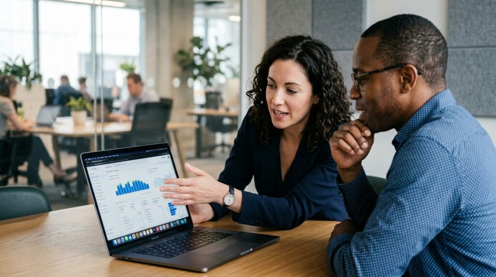 Ecommerce SEO experts discussing website analytics and SEO performance with a business client on a laptop.
