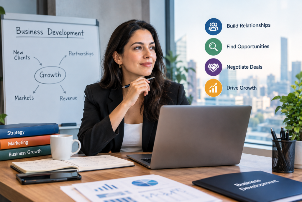 Business development manager analyzing growth opportunities and building strategic business relationships