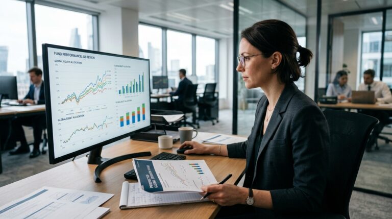 Global Targeted Returns Fund investment professional reviewing global fund performance and asset allocation charts on a computer monitor.