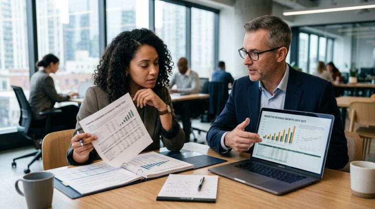 Growth Navigate Funding professionals reviewing funding strategies financial projections and business growth charts during a meeting.