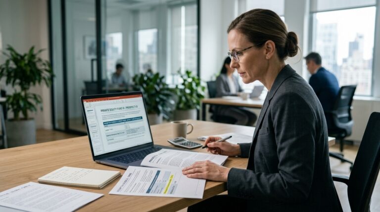 Gating Fund professional reviewing financial documents funding details and investment information on a laptop in an office.