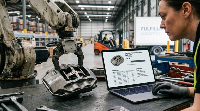 Automotive Product Description Template Ecommerce featuring an automotive brake caliper industrial robotic equipment and an ecommerce product listing displayed on a laptop in a warehouse workshop.