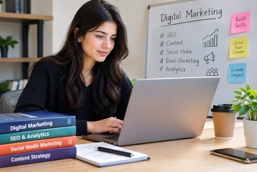 Digital marketing degree can lead to career paths so student learning online skills with laptop marketing books and career-focused notes 