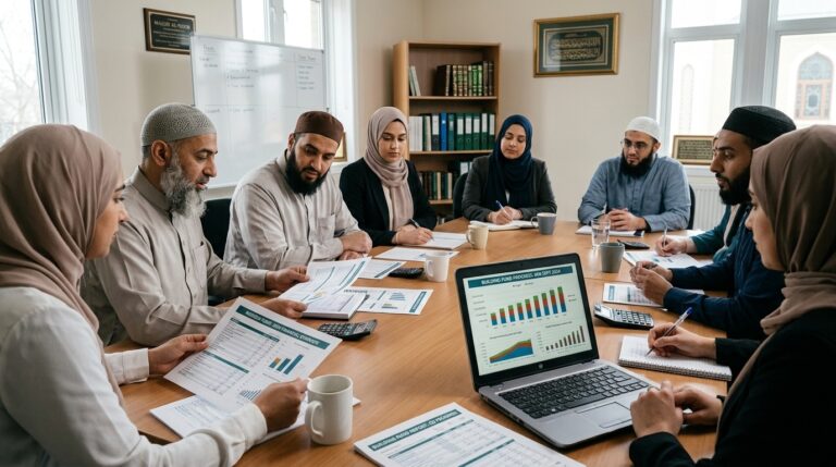 Mosque Fund committee members reviewing financial reports and fundraising progress during a mosque meeting.