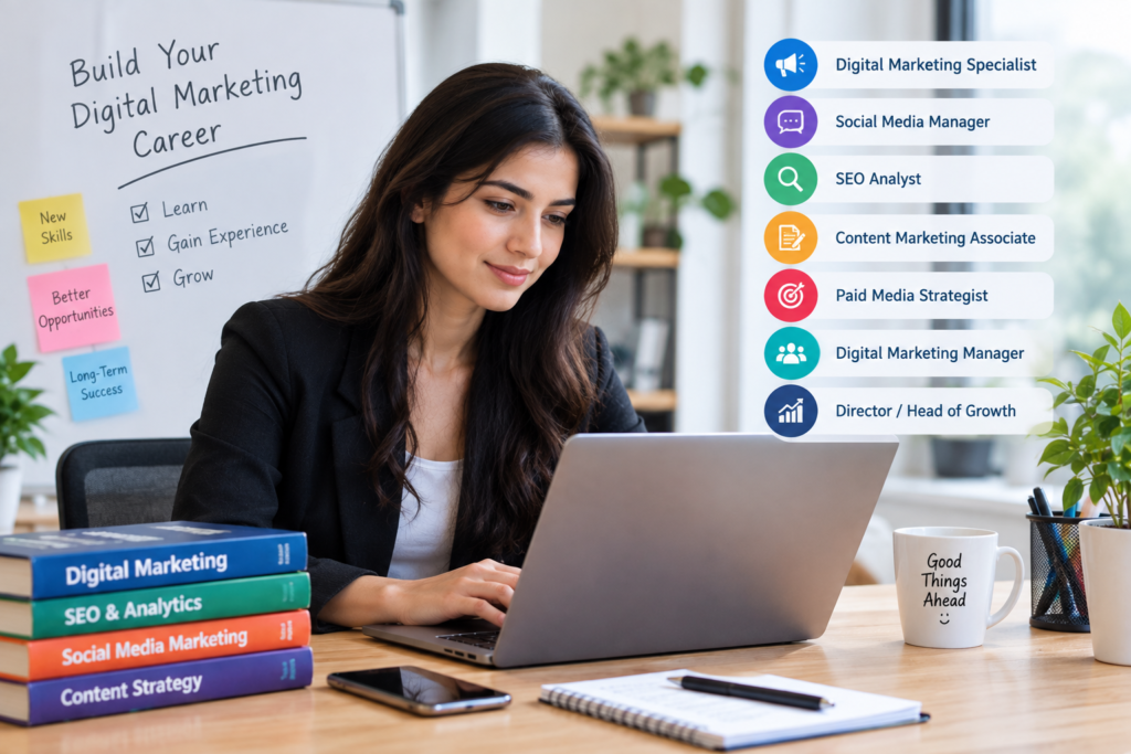 Young digital marketing professional working on a laptop with a visual career path showing roles from digital marketing specialist to director of growth.