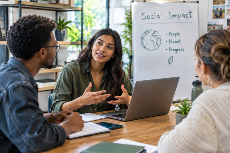Young social entrepreneurs discussing a mission-driven business idea around a table