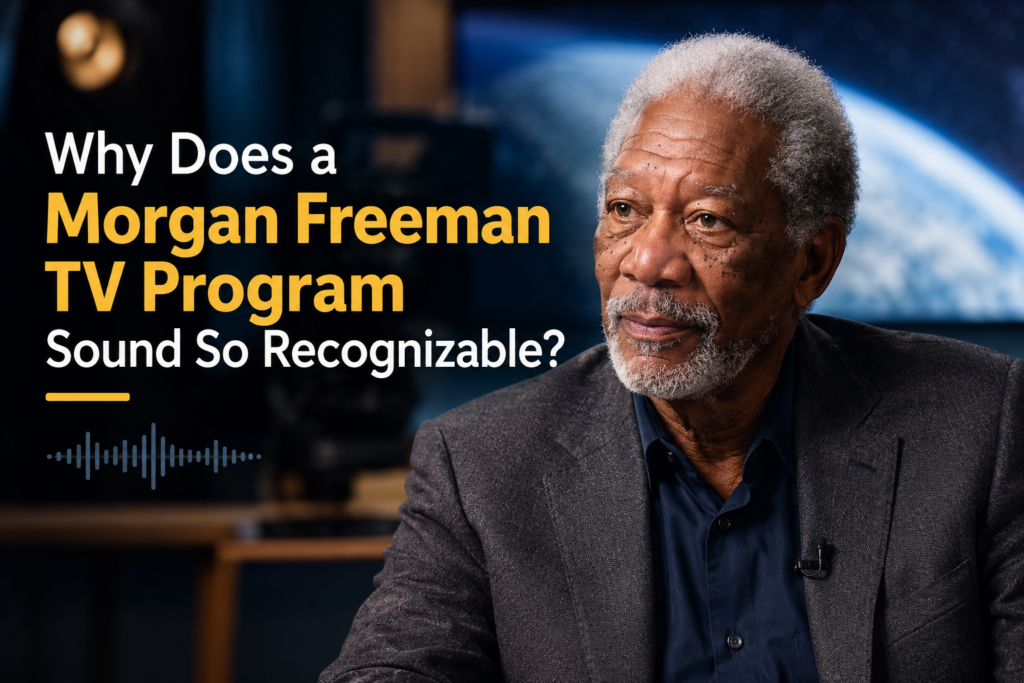 Morgan Freeman TV Program graphic featuring Morgan Freeman in a studio interview setting with a cinematic space-themed background
