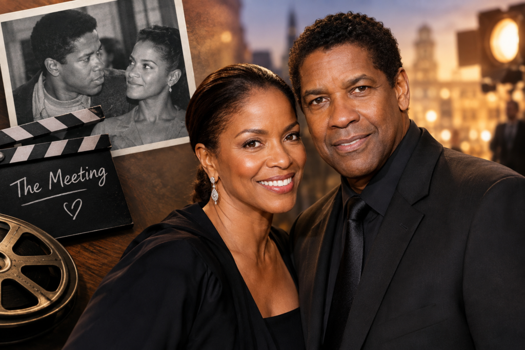 Denzel Washington and his wife in a cinematic collage highlighting how they met with a vintage photo film reel and movie clapperboard