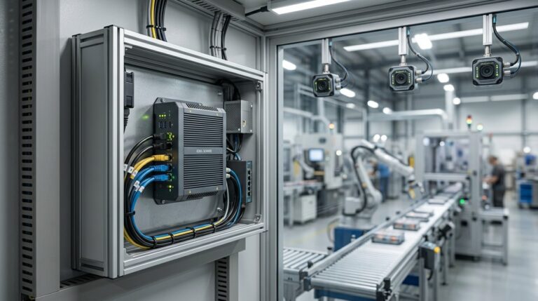Edge AI News showing industrial edge computing equipment, connected cameras, and automated machinery on a smart factory production line.